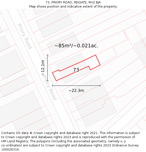 73, PRIORY ROAD, REIGATE, RH2 8JA: Plot and title map