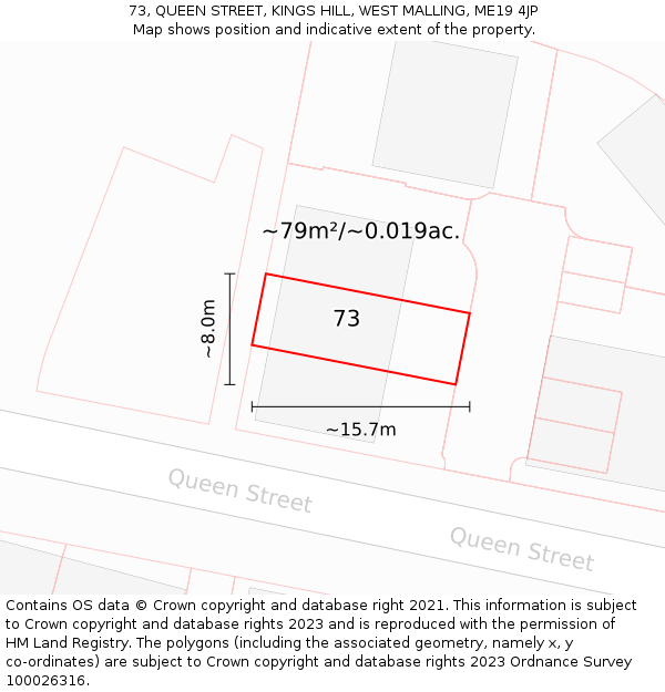 73, QUEEN STREET, KINGS HILL, WEST MALLING, ME19 4JP: Plot and title map