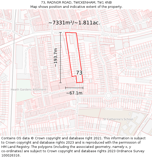73, RADNOR ROAD, TWICKENHAM, TW1 4NB: Plot and title map