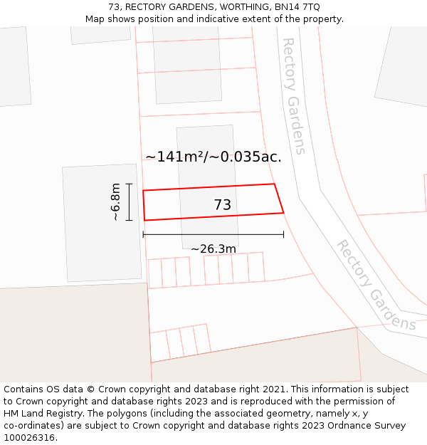 73, RECTORY GARDENS, WORTHING, BN14 7TQ: Plot and title map