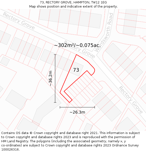 73, RECTORY GROVE, HAMPTON, TW12 1EG: Plot and title map