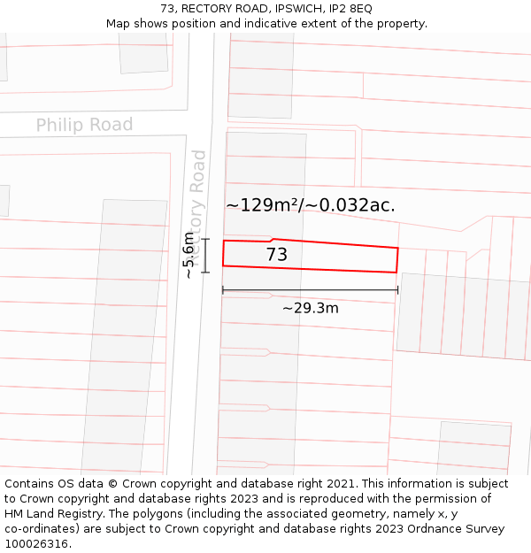 73, RECTORY ROAD, IPSWICH, IP2 8EQ: Plot and title map