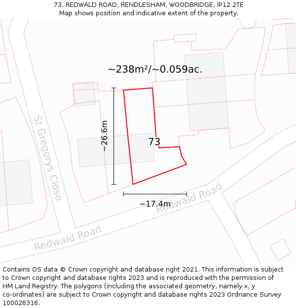 73, REDWALD ROAD, RENDLESHAM, WOODBRIDGE, IP12 2TE: Plot and title map