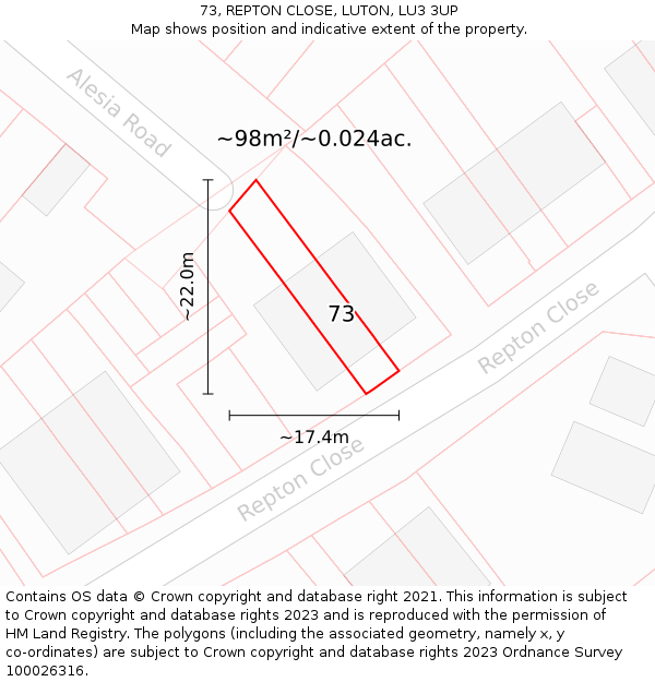 73, REPTON CLOSE, LUTON, LU3 3UP: Plot and title map