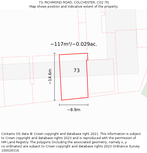 73, RICHMOND ROAD, COLCHESTER, CO2 7FJ: Plot and title map