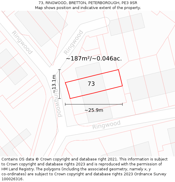 73, RINGWOOD, BRETTON, PETERBOROUGH, PE3 9SR: Plot and title map