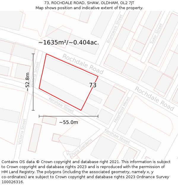 73, ROCHDALE ROAD, SHAW, OLDHAM, OL2 7JT: Plot and title map