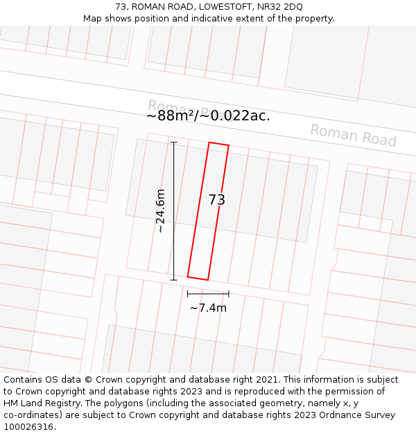 73, ROMAN ROAD, LOWESTOFT, NR32 2DQ: Plot and title map