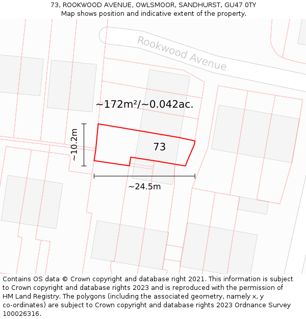73, ROOKWOOD AVENUE, OWLSMOOR, SANDHURST, GU47 0TY: Plot and title map