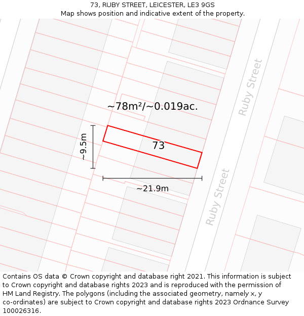 73, RUBY STREET, LEICESTER, LE3 9GS: Plot and title map