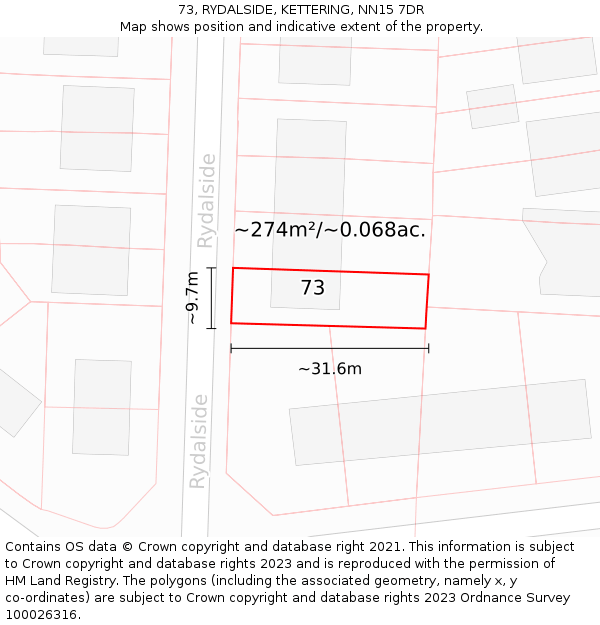 73, RYDALSIDE, KETTERING, NN15 7DR: Plot and title map