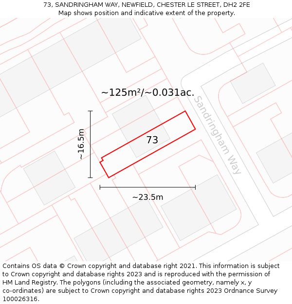 73, SANDRINGHAM WAY, NEWFIELD, CHESTER LE STREET, DH2 2FE: Plot and title map