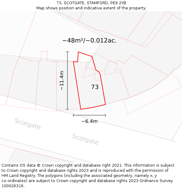 73, SCOTGATE, STAMFORD, PE9 2YB: Plot and title map