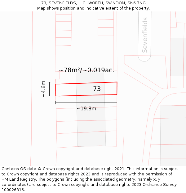 73, SEVENFIELDS, HIGHWORTH, SWINDON, SN6 7NG: Plot and title map