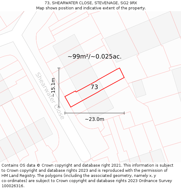 73, SHEARWATER CLOSE, STEVENAGE, SG2 9RX: Plot and title map