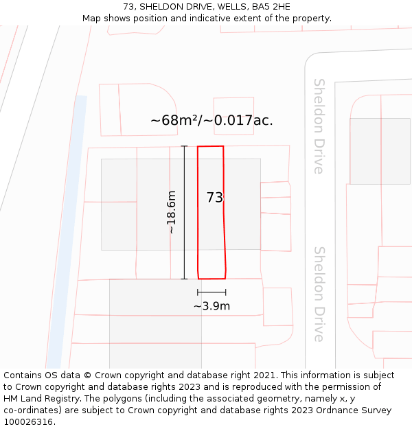 73, SHELDON DRIVE, WELLS, BA5 2HE: Plot and title map