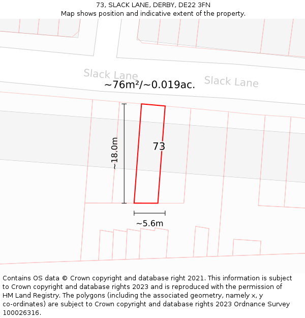 73, SLACK LANE, DERBY, DE22 3FN: Plot and title map
