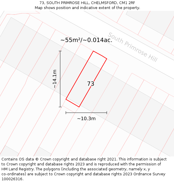 73, SOUTH PRIMROSE HILL, CHELMSFORD, CM1 2RF: Plot and title map