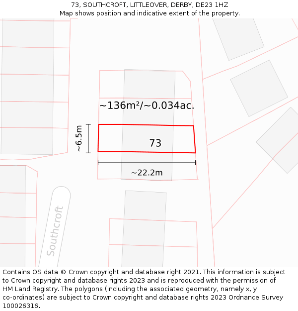 73, SOUTHCROFT, LITTLEOVER, DERBY, DE23 1HZ: Plot and title map