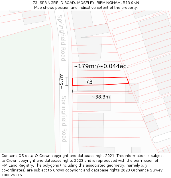 73, SPRINGFIELD ROAD, MOSELEY, BIRMINGHAM, B13 9NN: Plot and title map