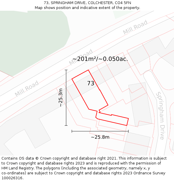 73, SPRINGHAM DRIVE, COLCHESTER, CO4 5FN: Plot and title map