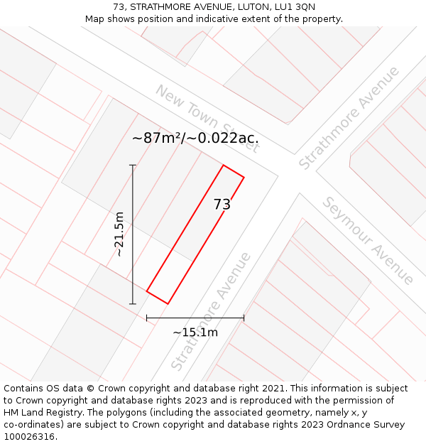 73, STRATHMORE AVENUE, LUTON, LU1 3QN: Plot and title map