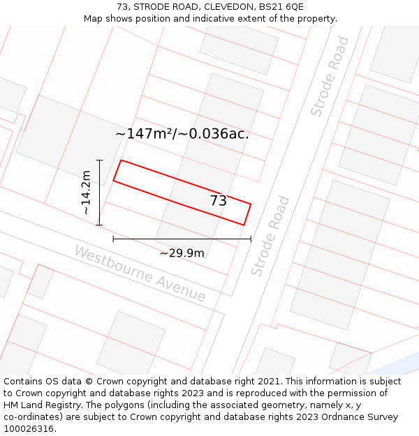 73, STRODE ROAD, CLEVEDON, BS21 6QE: Plot and title map