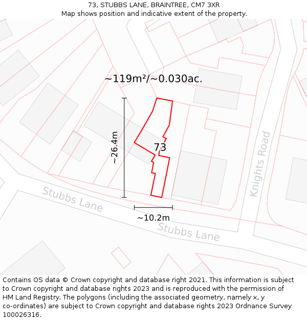 73, STUBBS LANE, BRAINTREE, CM7 3XR: Plot and title map
