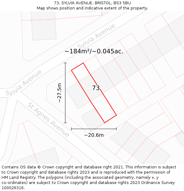 73, SYLVIA AVENUE, BRISTOL, BS3 5BU: Plot and title map