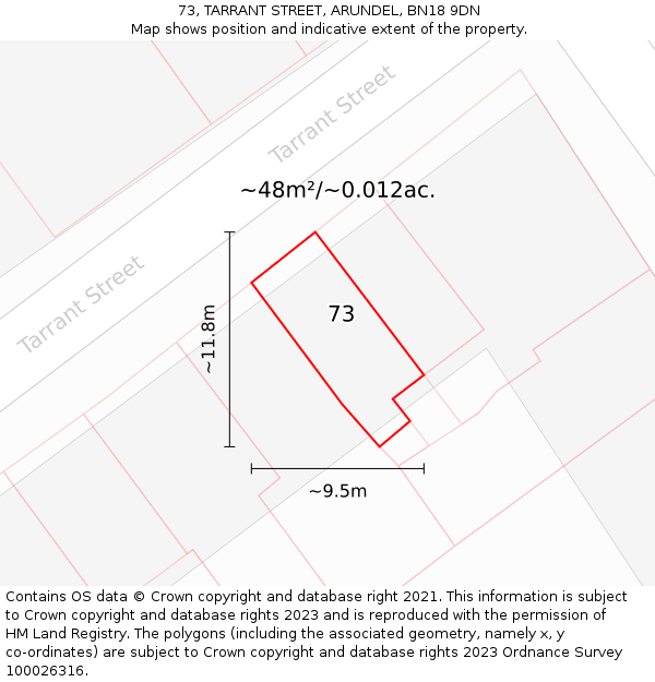 73, TARRANT STREET, ARUNDEL, BN18 9DN: Plot and title map