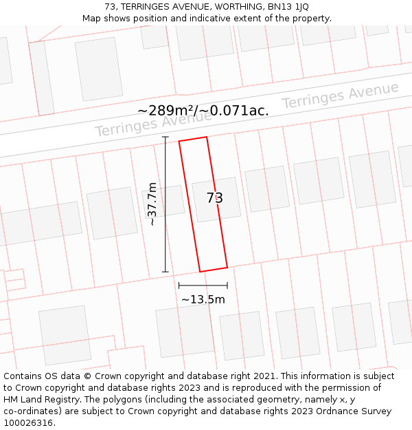 73, TERRINGES AVENUE, WORTHING, BN13 1JQ: Plot and title map