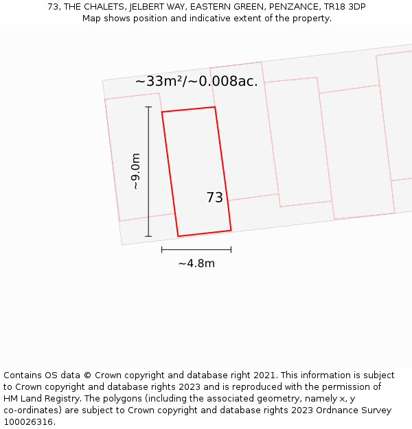 73, THE CHALETS, JELBERT WAY, EASTERN GREEN, PENZANCE, TR18 3DP: Plot and title map