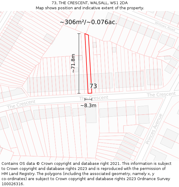 73, THE CRESCENT, WALSALL, WS1 2DA: Plot and title map