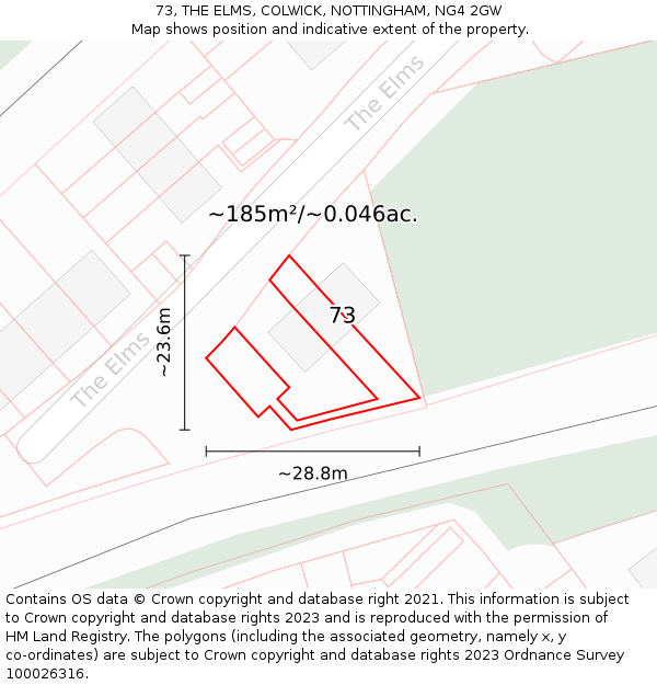 73, THE ELMS, COLWICK, NOTTINGHAM, NG4 2GW: Plot and title map