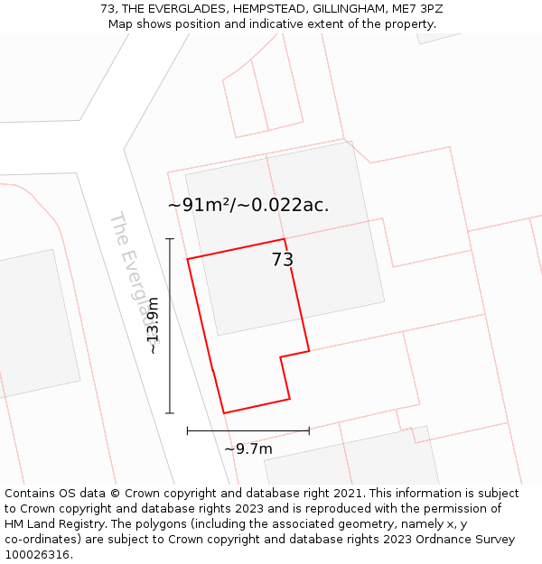 73, THE EVERGLADES, HEMPSTEAD, GILLINGHAM, ME7 3PZ: Plot and title map