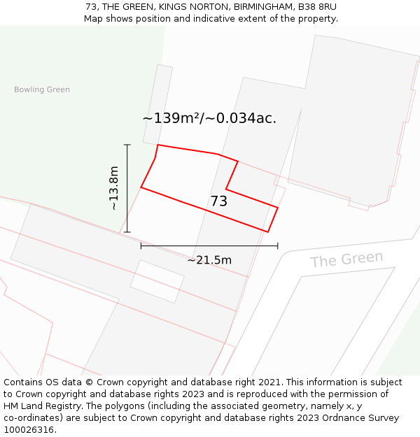 73, THE GREEN, KINGS NORTON, BIRMINGHAM, B38 8RU: Plot and title map