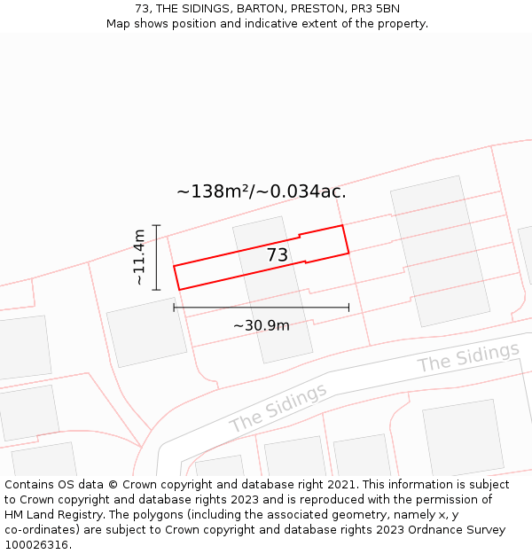 73, THE SIDINGS, BARTON, PRESTON, PR3 5BN: Plot and title map
