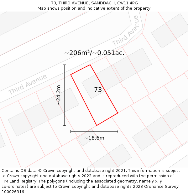 73, THIRD AVENUE, SANDBACH, CW11 4PG: Plot and title map