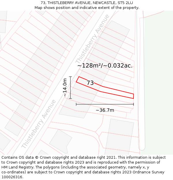 73, THISTLEBERRY AVENUE, NEWCASTLE, ST5 2LU: Plot and title map