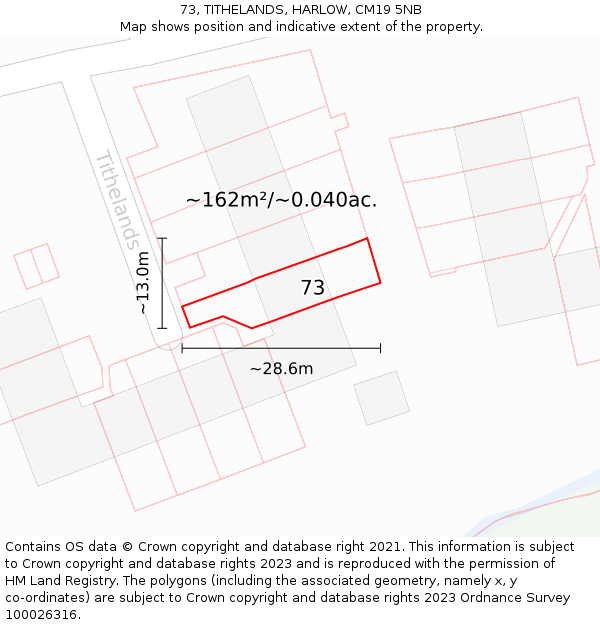 73, TITHELANDS, HARLOW, CM19 5NB: Plot and title map