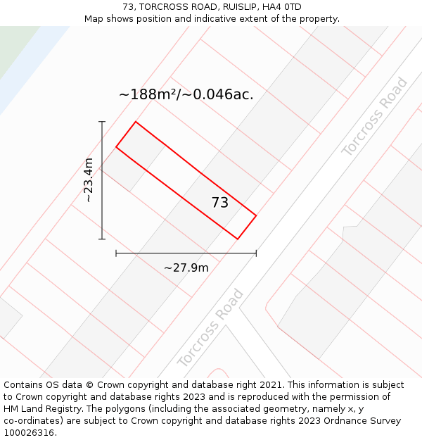 73, TORCROSS ROAD, RUISLIP, HA4 0TD: Plot and title map