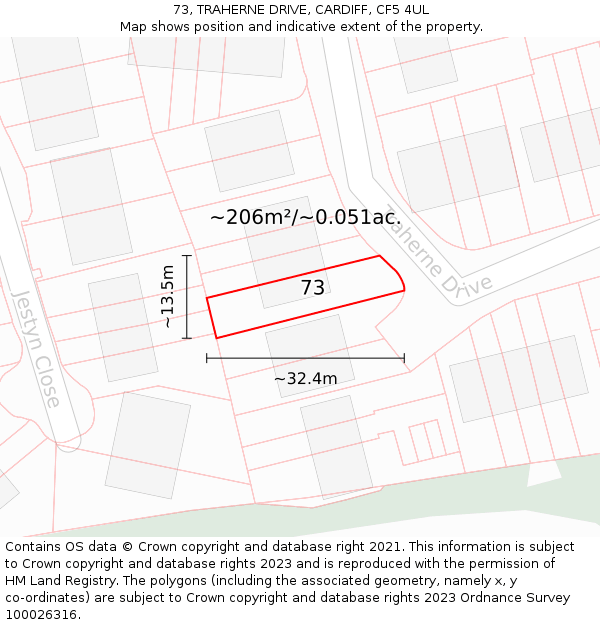 73, TRAHERNE DRIVE, CARDIFF, CF5 4UL: Plot and title map