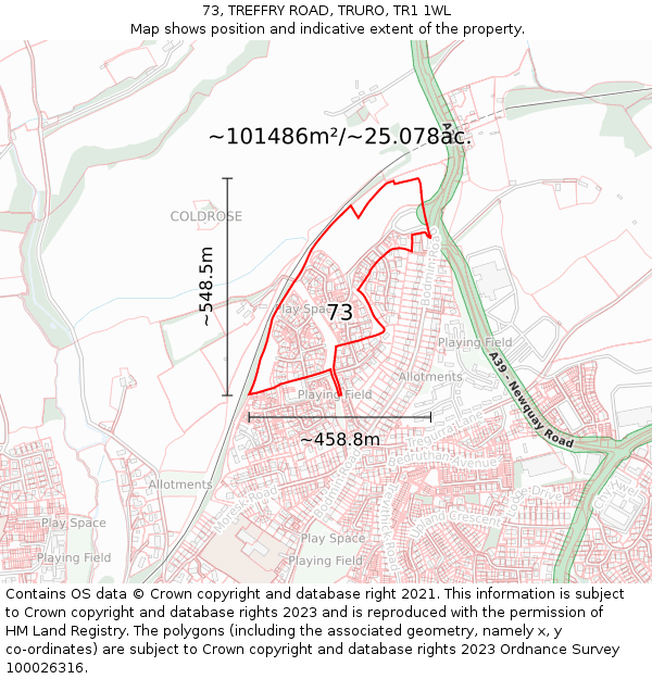 73, TREFFRY ROAD, TRURO, TR1 1WL: Plot and title map