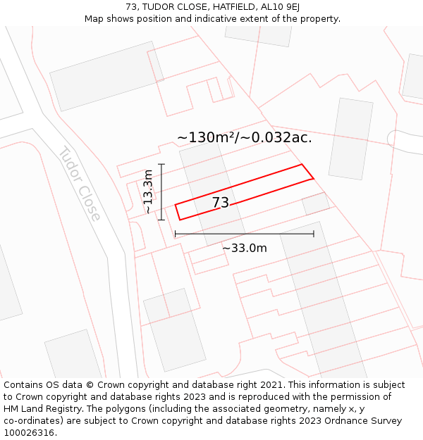 73, TUDOR CLOSE, HATFIELD, AL10 9EJ: Plot and title map