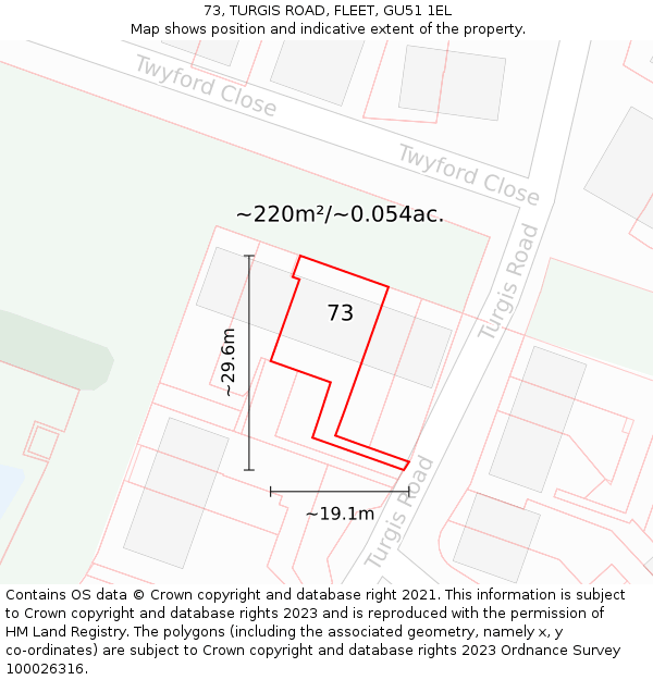 73, TURGIS ROAD, FLEET, GU51 1EL: Plot and title map