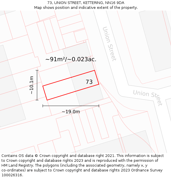 73, UNION STREET, KETTERING, NN16 9DA: Plot and title map