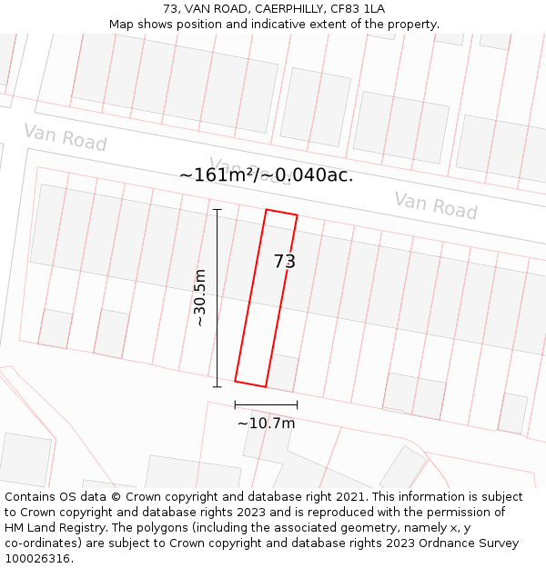 73, VAN ROAD, CAERPHILLY, CF83 1LA: Plot and title map