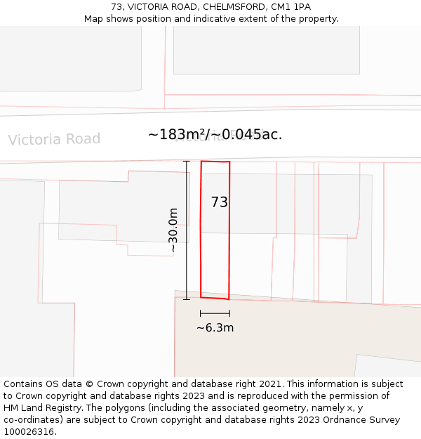 73, VICTORIA ROAD, CHELMSFORD, CM1 1PA: Plot and title map