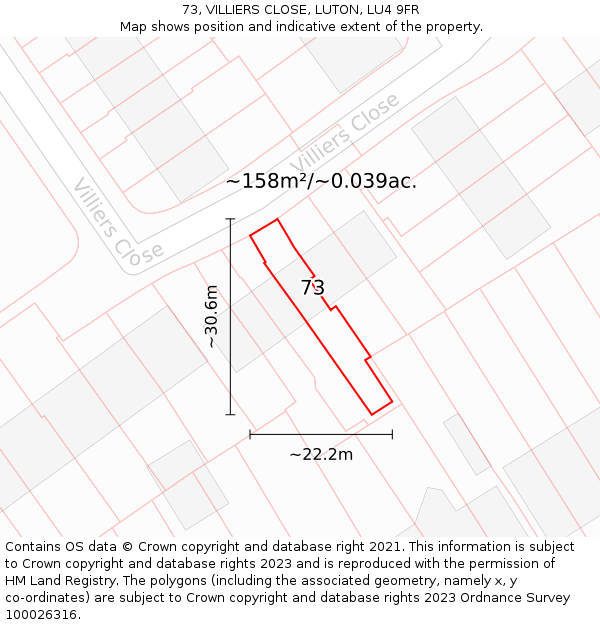 73, VILLIERS CLOSE, LUTON, LU4 9FR: Plot and title map