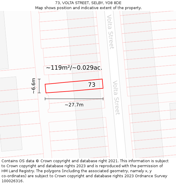 73, VOLTA STREET, SELBY, YO8 8DE: Plot and title map